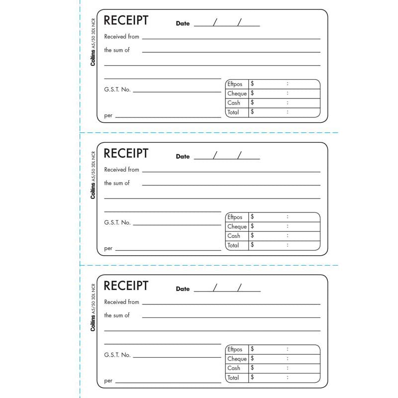 Collins Cash Receipt A5/50 3DL Duplicate No Carbon Required - Cafe Supply