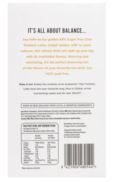 Avalanche 99% Sugar Free Chai Turmeric Latte Coffee Sticks 10 x 20g