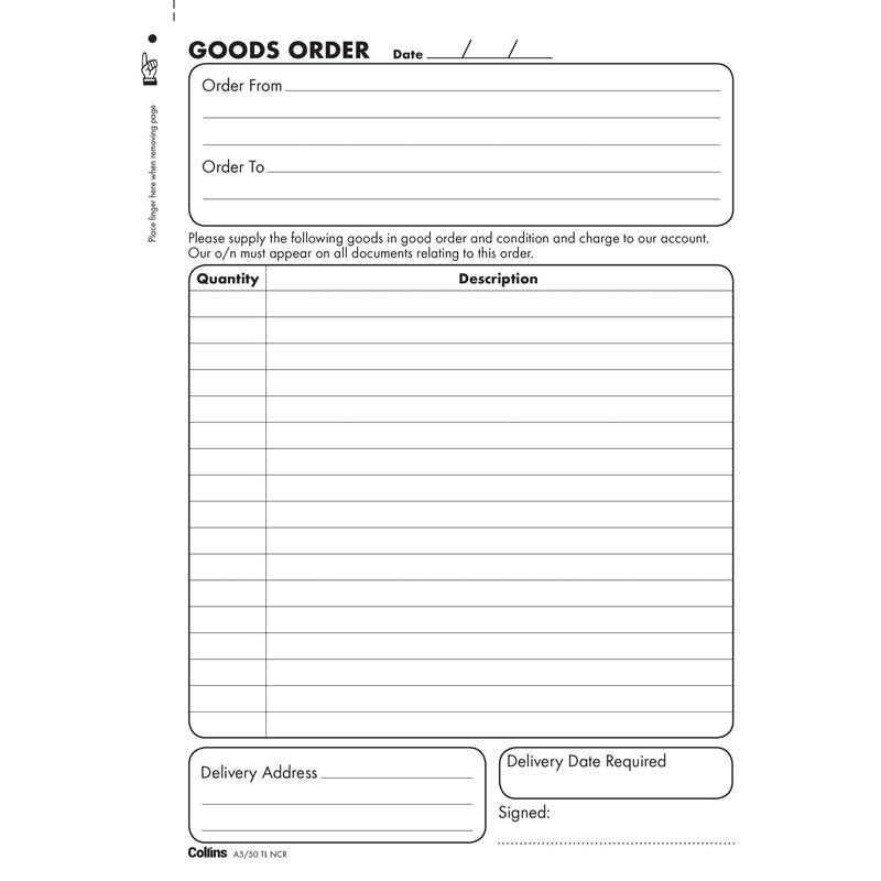 Collins Goods Order A5/50TL Triplicate No Carbon Required - Cafe Supply