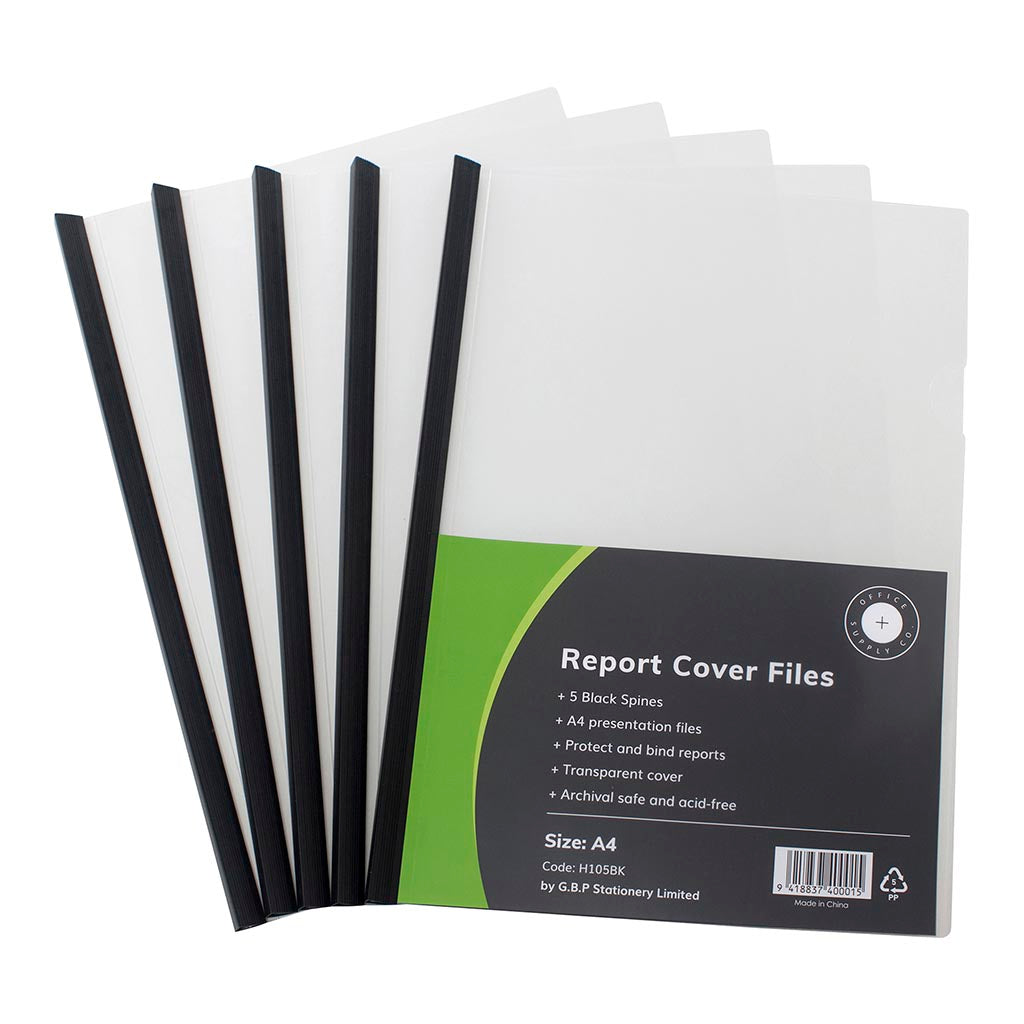 OSC Report Cover Clear A4 Black Spine, Pack of 5