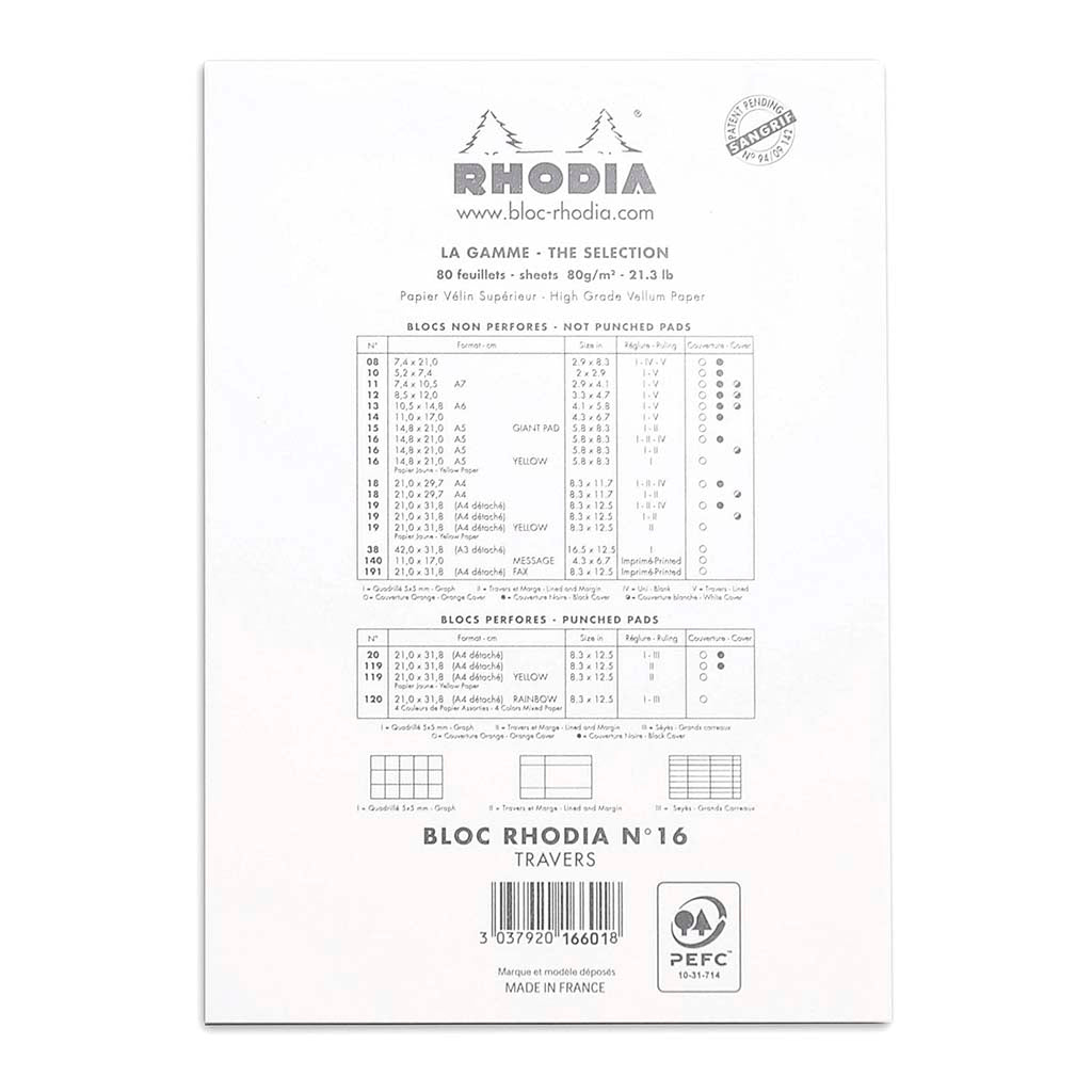 Rhodia Bloc Pad No. 16 A5 Lined White