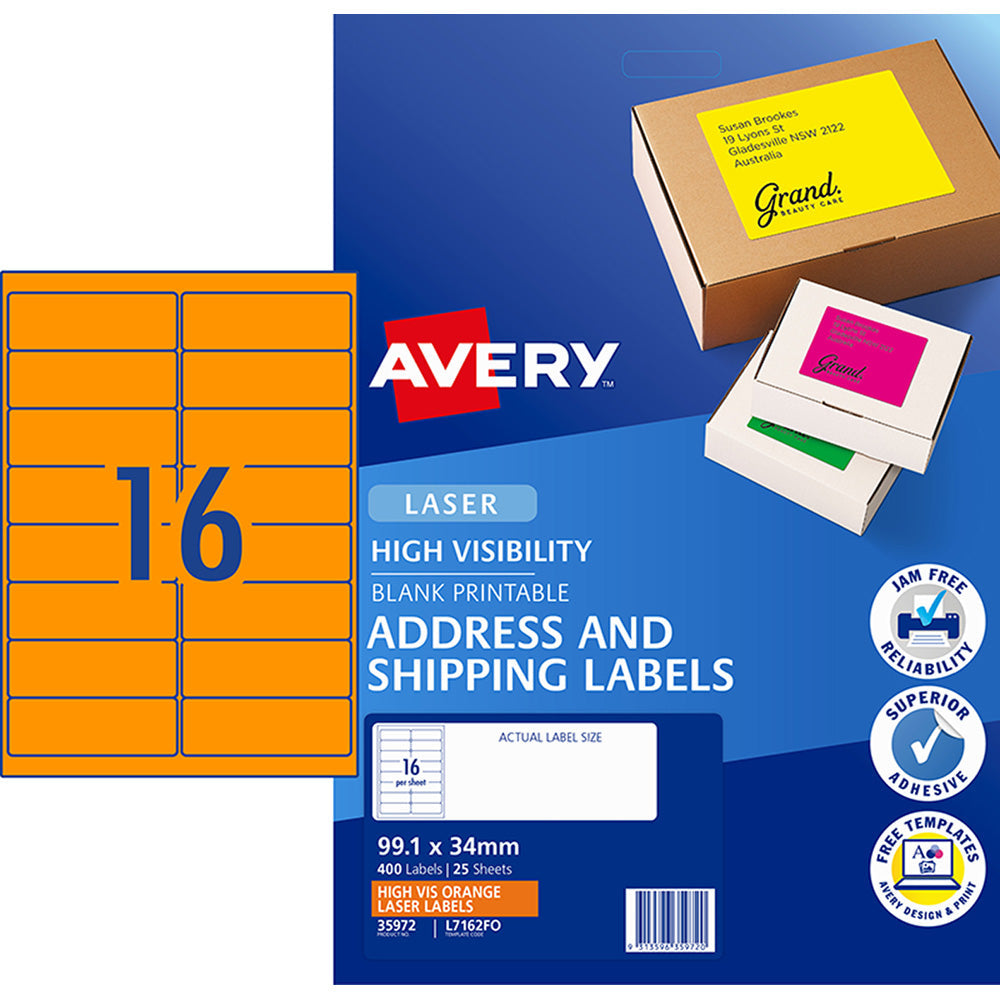 Avery Shipping Label L7162FO Fluoro Orange Laser 99.1x34mm 16up 25 Sheets - Cafe Supply
