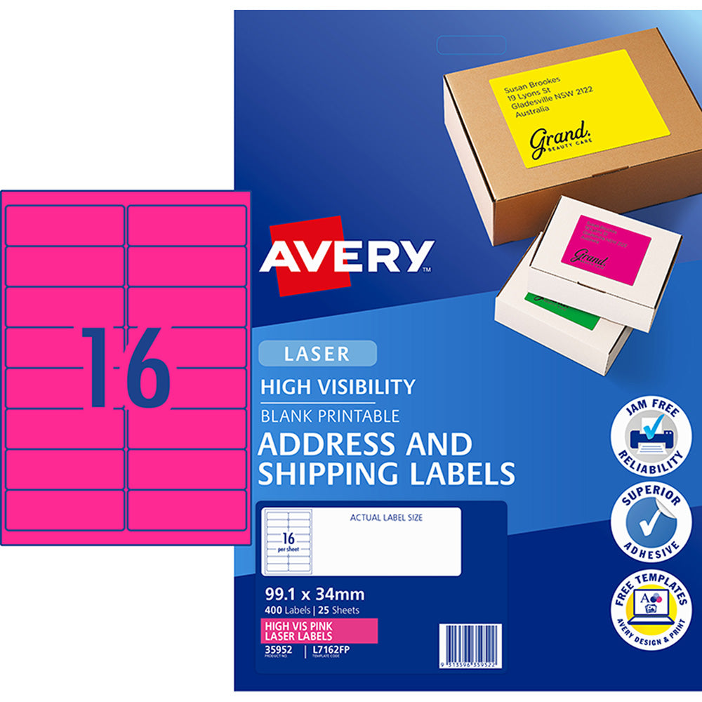Avery Shipping Label L7162FP Fluoro Pink Laser 99.1x34mm 16up 25 Sheets - Cafe Supply