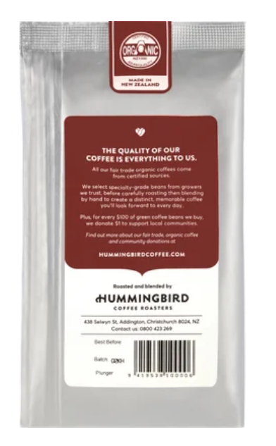 Hummingbird Nectar Fair Trade Organic Fresh Plunger Grind Coffee 500g