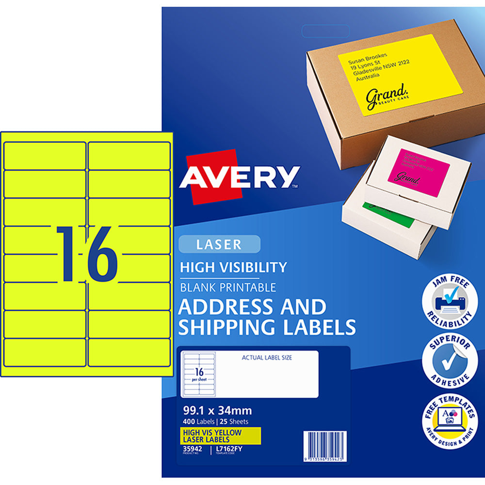 Avery Shipping Label L7162FY Fluoro Yellow Laser 99.1x34mm 16up 25 Sheets - Cafe Supply