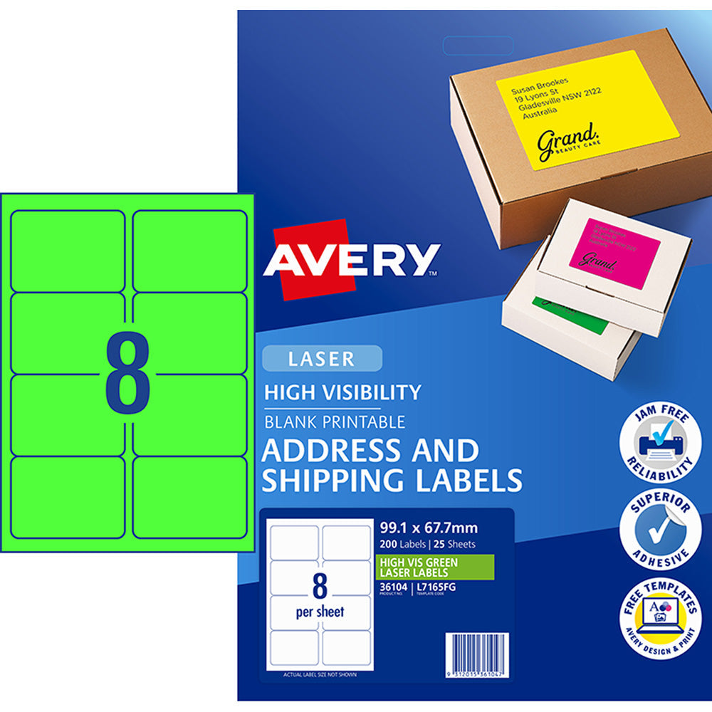 Avery Shipping Label L7165FG Fluoro Green 99.1x67.7mm 8up 25 Sheets - Cafe Supply