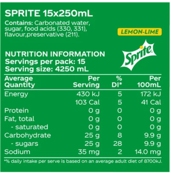 Sprite Natural Flavour Soft Drink Mini Cans 15 x 250ml