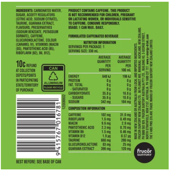 V Green Guarana Energy Drink 4 x 250ml - Cafe Supply