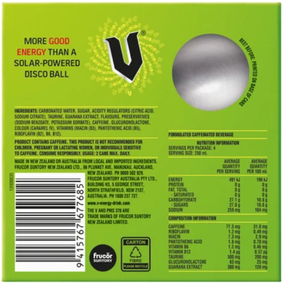 V Green Guarana Energy Drink 4 x 250ml - Cafe Supply
