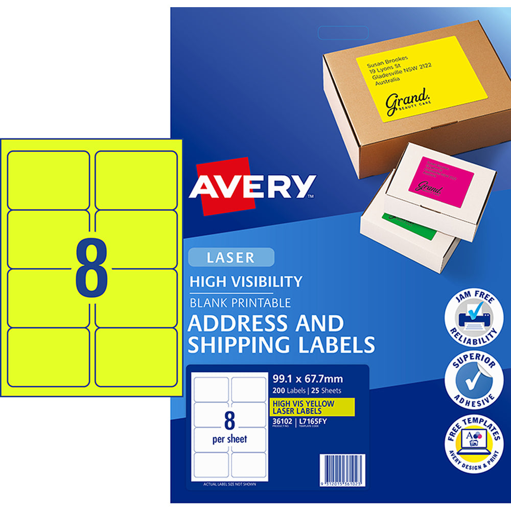Avery Shipping Label L7165FY Fluoro Yellow 99.1x67.7mm 8up 25 Sheets - Cafe Supply