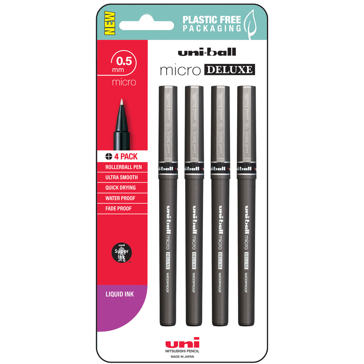 Uni Micro 0.5mm Deluxe Capped Rollerball Black Hangsell Pk4