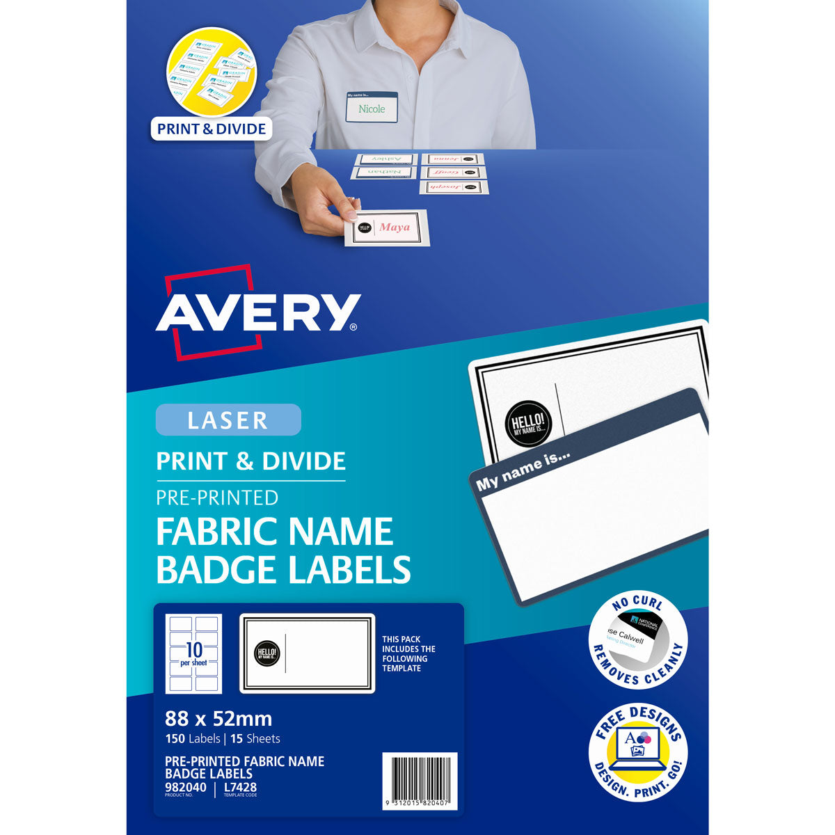 Avery "Hello! My Name Is" Fabric Print & Divide Name Badges Laser 88x52mm 150 Labels L7428