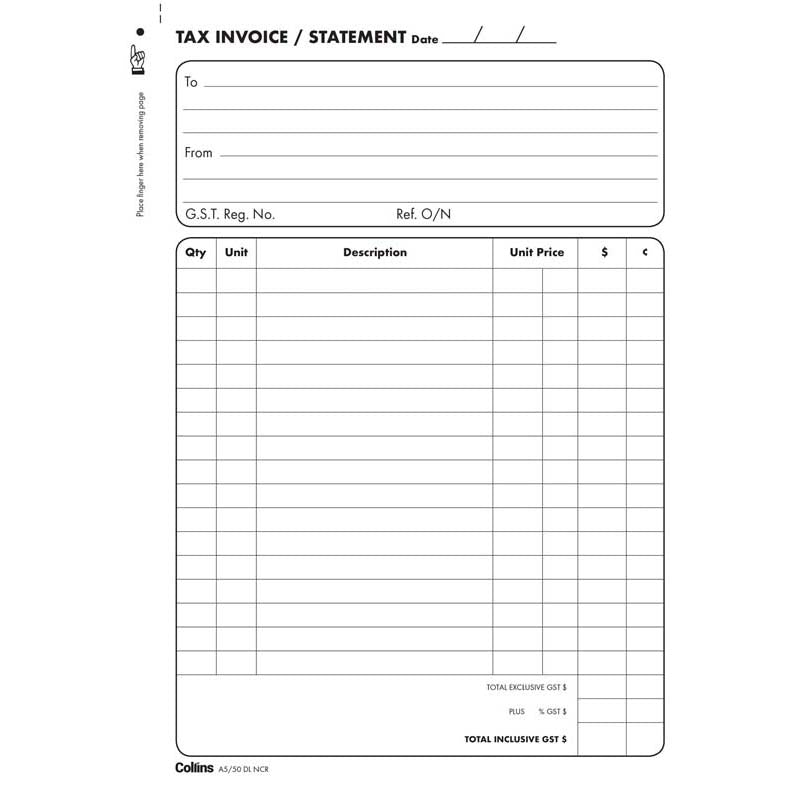Collins Tax Invoice A5/50DL No Carbon Required left side binding - Cafe Supply