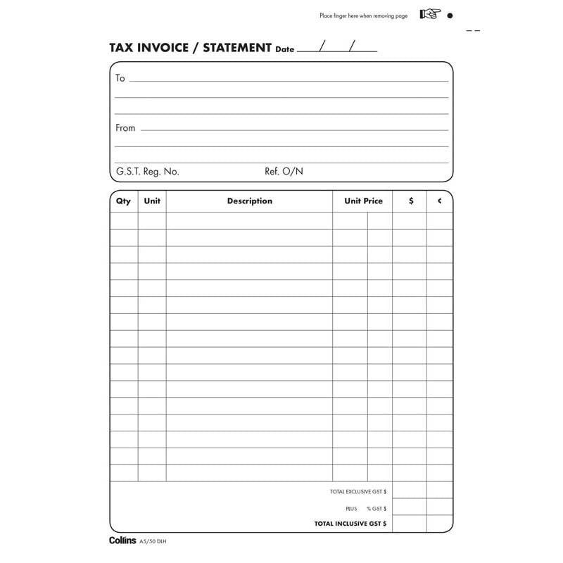 Collins Tax Invoice A5/50DLh Duplicate No Carbon Required top binding - Cafe Supply