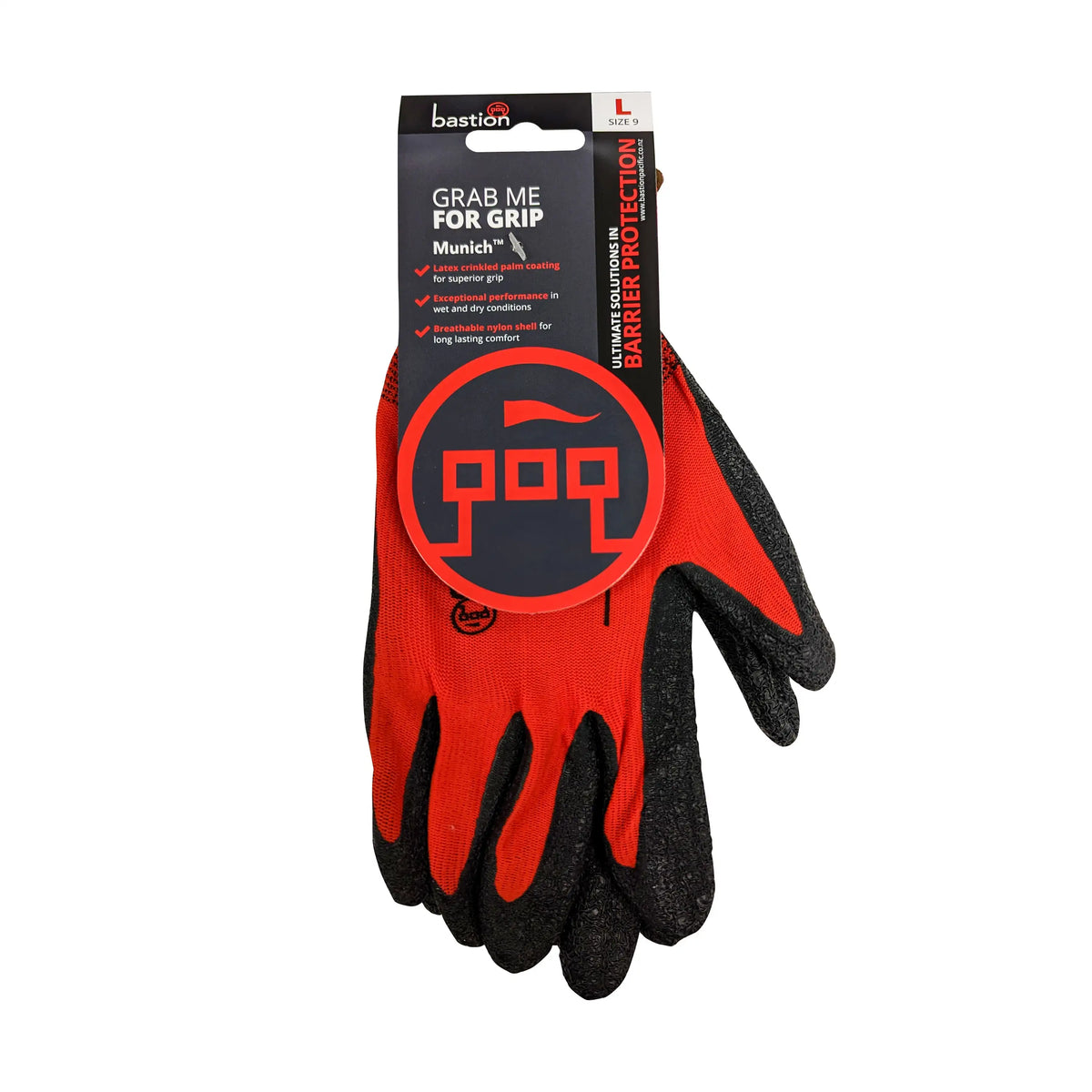 Bastion Munich Red Nylon Gloves, Medium (8) - With Header