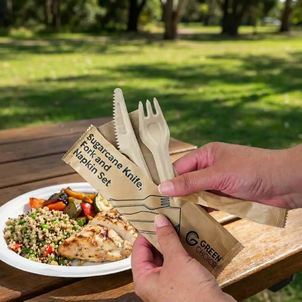 Green Choice Sugarcane Cutlery Set - Knife Fork & Napkin