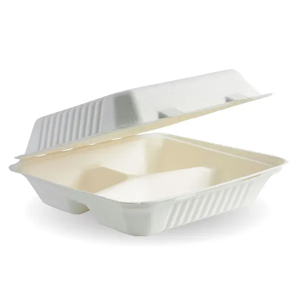 23x23x8cm 3-Compartment White Plant Fibre Clamshell