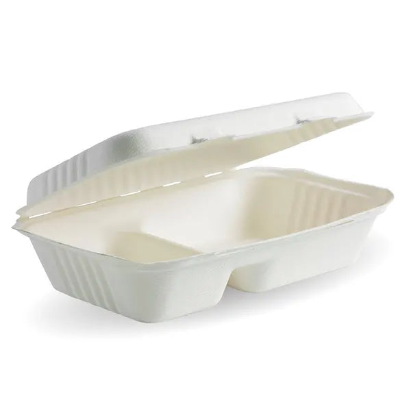 23x15x8cm / 9x6x3in 2-Compartment White Plant Fibre Clamshell