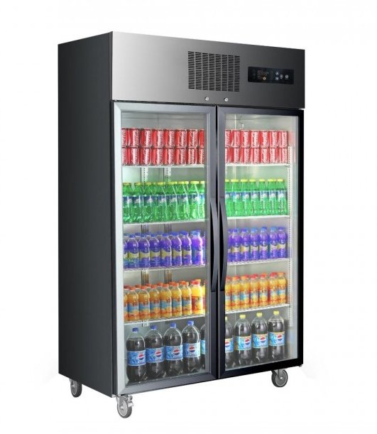 Double Glass Door Black Stainless Steel Upright Freezer - SUFG1000B - Cafe Supply
