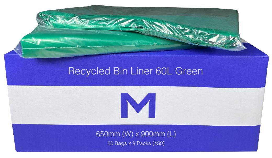 FP Recycled Bin Liner 60L - Green, 650mm x 900mm x 30mu (450) Per Box - Cafe Supply