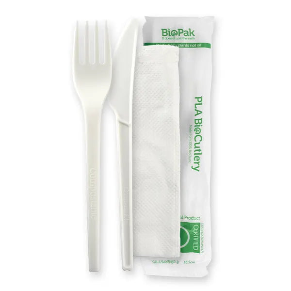 16.5cm / 6.5" PLA Knife, Fork & Napkin Set - Cafe Supply