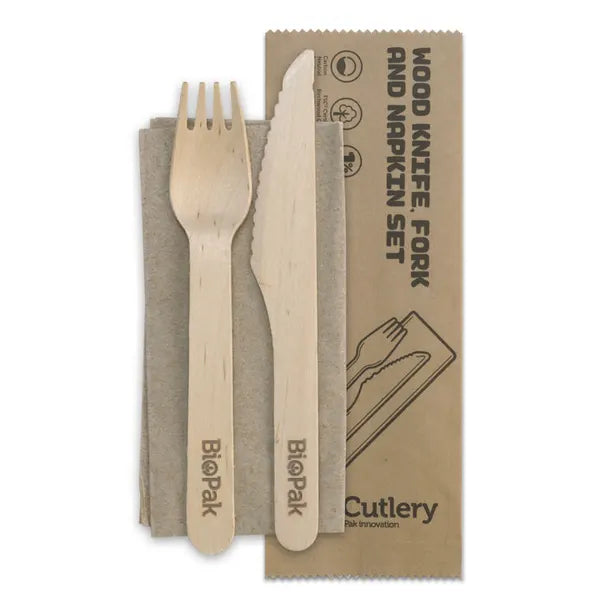 16cm Coated Wood Knife, Fork & Napkin Set - Cafe Supply