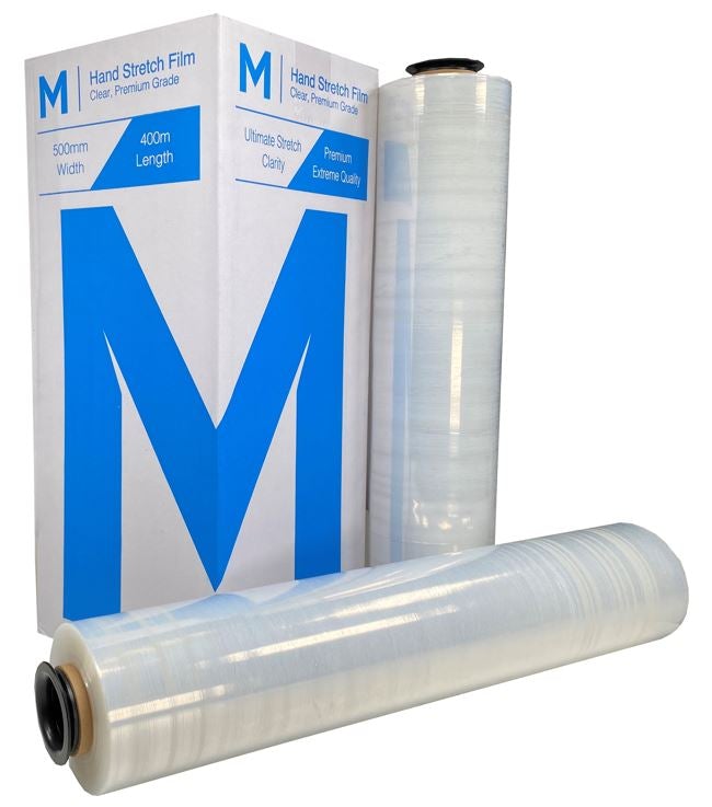 Premium Hand Stretch Film - Black, 500mm x 400m x 15mu (4) + 4 Free End Caps Per Box - Cafe Supply