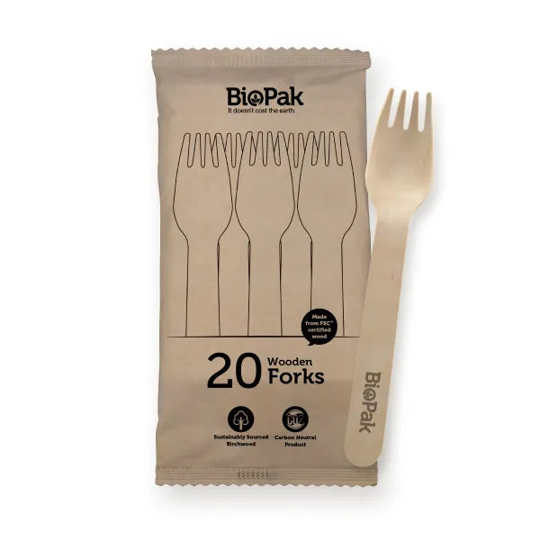 20 Pack - 16cm Wooden Fork In Paper Sleeves